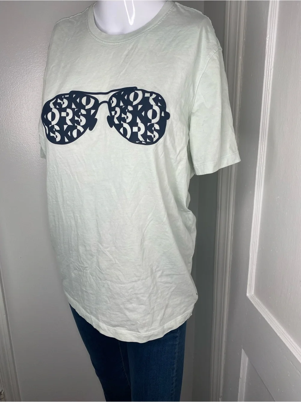 Michael Kors Unisex Mint Green Blue Tee with Navy Sunglasses Graphic Flawed
